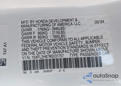 2024 Honda Civic Sport z USA, uszkodzony, nr VIN 19XFL2H87RE031757